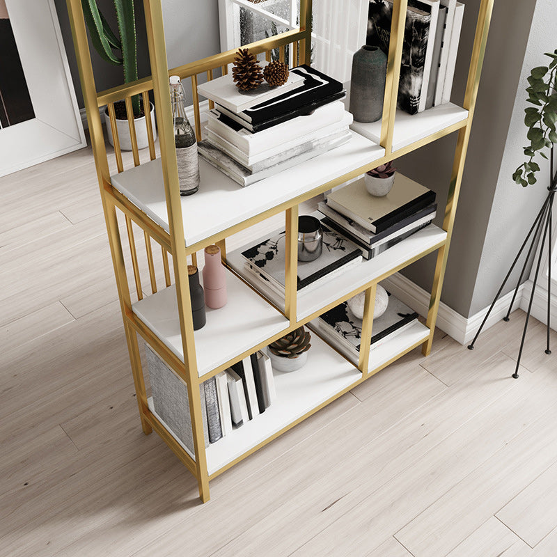 Gold Iron Frame Geometric Bookshelf Vertical Open Bookcase with Manufactured Wood Shelf Clearhalo 'Bookcases' 'furn' 'furn_bookcases' 'Furniture' 'furniture_bookcases' 'Office Furniture' 5021774