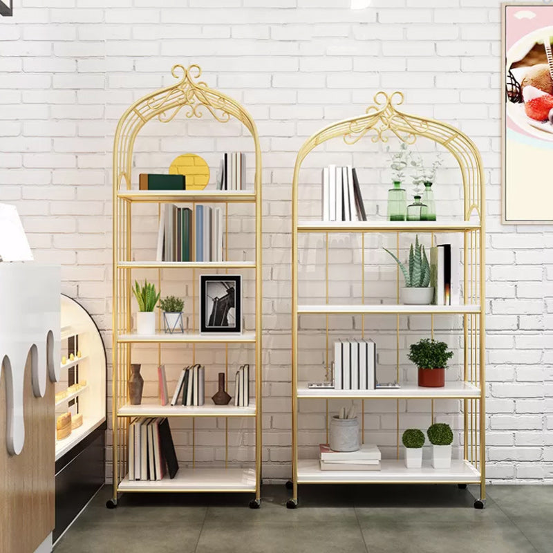 Gold Vertical Bookshelf Iron Frame Solid Wood Shelf Bookcase with Caster Wheels Clearhalo 'Bookcases' 'furn' 'furn_bookcases' 'Furniture' 'furniture_bookcases' 'Office Furniture' 5021782