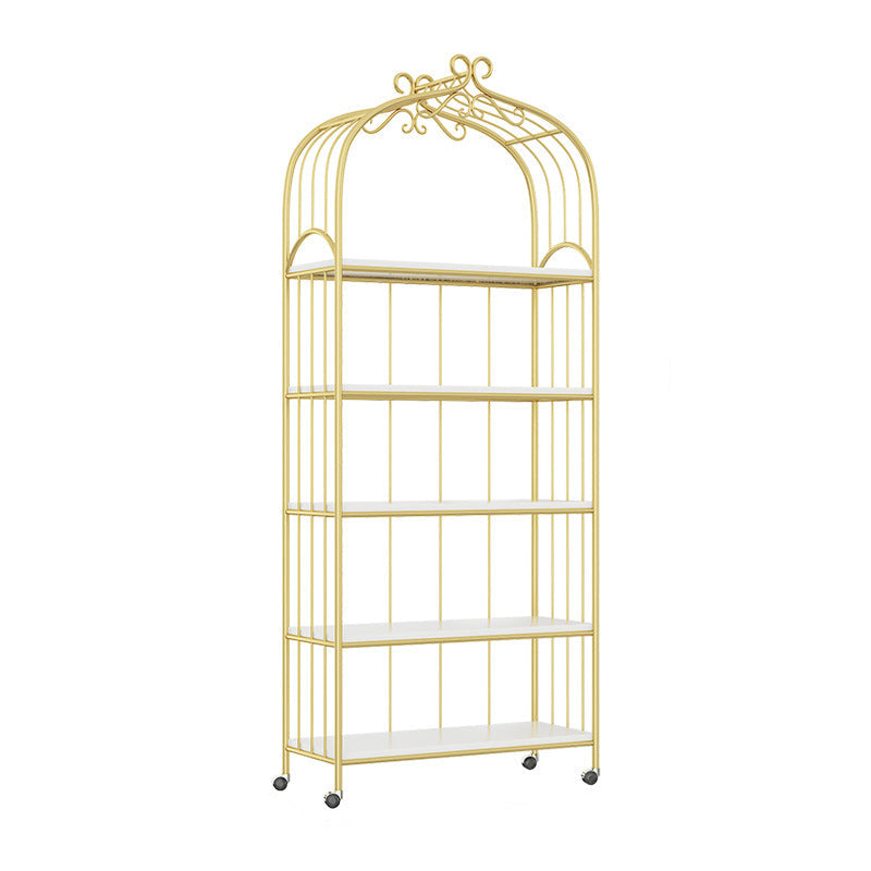 Gold Vertical Bookshelf Iron Frame Solid Wood Shelf Bookcase with Caster Wheels 31.5"L x 11.8"W x 70.9"H Clearhalo 'Bookcases' 'furn' 'furn_bookcases' 'Furniture' 'furniture_bookcases' 'Office Furniture' 5021784