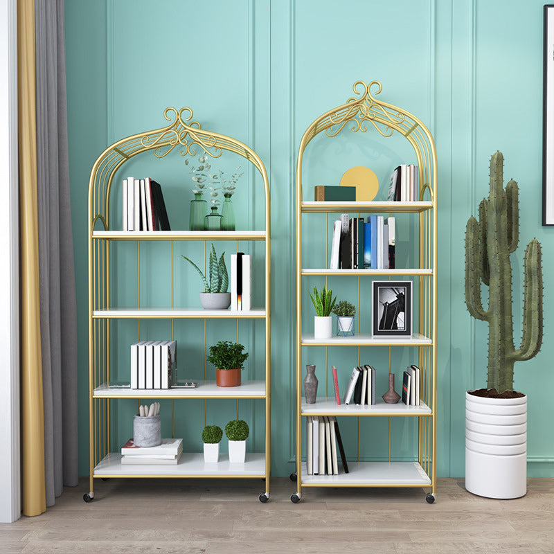 Gold Vertical Bookshelf Iron Frame Solid Wood Shelf Bookcase with Caster Wheels Clearhalo 'Bookcases' 'furn' 'furn_bookcases' 'Furniture' 'furniture_bookcases' 'Office Furniture' 5021785