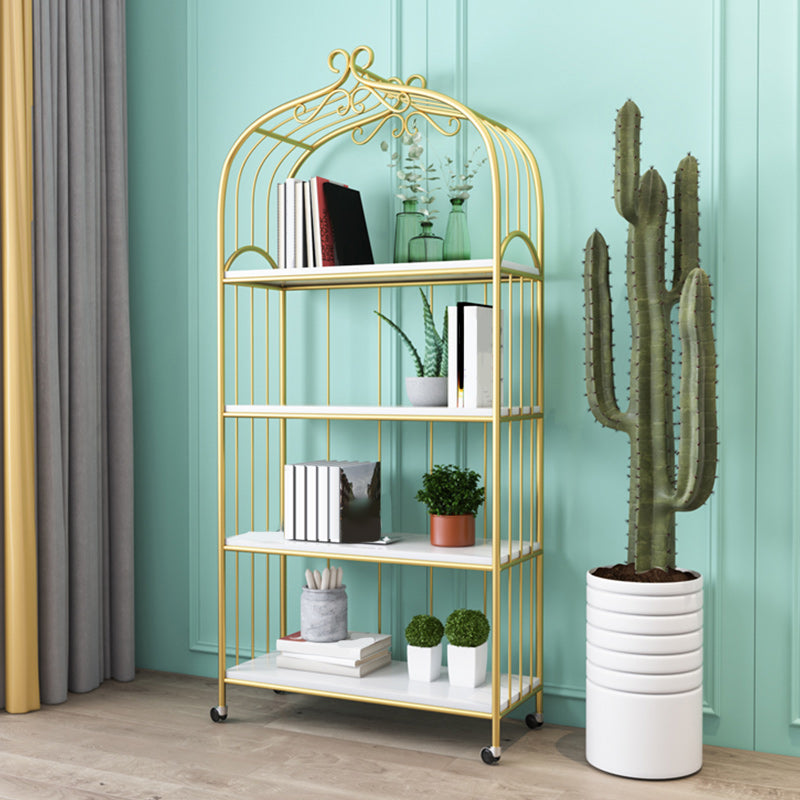 Gold Vertical Bookshelf Iron Frame Solid Wood Shelf Bookcase with Caster Wheels Clearhalo 'Bookcases' 'furn' 'furn_bookcases' 'Furniture' 'furniture_bookcases' 'Office Furniture' 5021797