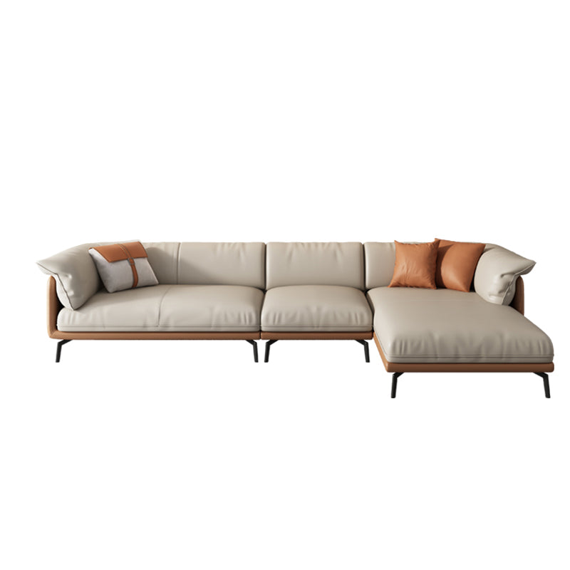Grey Modern Loose Back Sofa & Chaise 23.68" H Pillow Top Armed Sofa, Genuine Leather 136"L x 71"W x 33"H Clearhalo 'furn' 'furn_sectionals' 'Furniture' 'furniture_sectionals' 'Living Room Furniture' 'Sectionals' 5022569