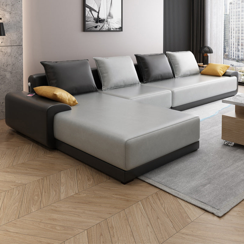 Mid Century Modern Sofa&Chaise 4-seat Pillows Sofa for Living Room Dark Light Grey Clearhalo 'furn' 'furn_sectionals' 'Furniture' 'furniture_sectionals' 'Living Room Furniture' 'Sectionals' 5022589