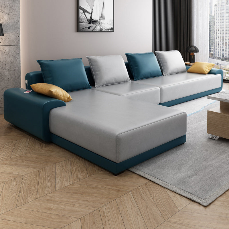 Mid Century Modern Sofa&Chaise 4-seat Pillows Sofa for Living Room Light Grey Clearhalo 'furn' 'furn_sectionals' 'Furniture' 'furniture_sectionals' 'Living Room Furniture' 'Sectionals' 5022592