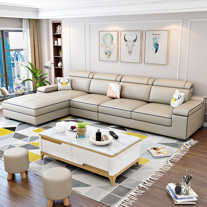 Vintage 4-seat Linen/Faux Leather Sofa Pillow Top Arm Sofa for Living Room Brown Clearhalo 'furn' 'furn_sectionals' 'Furniture' 'furniture_sectionals' 'Living Room Furniture' 'Sectionals' 5022631