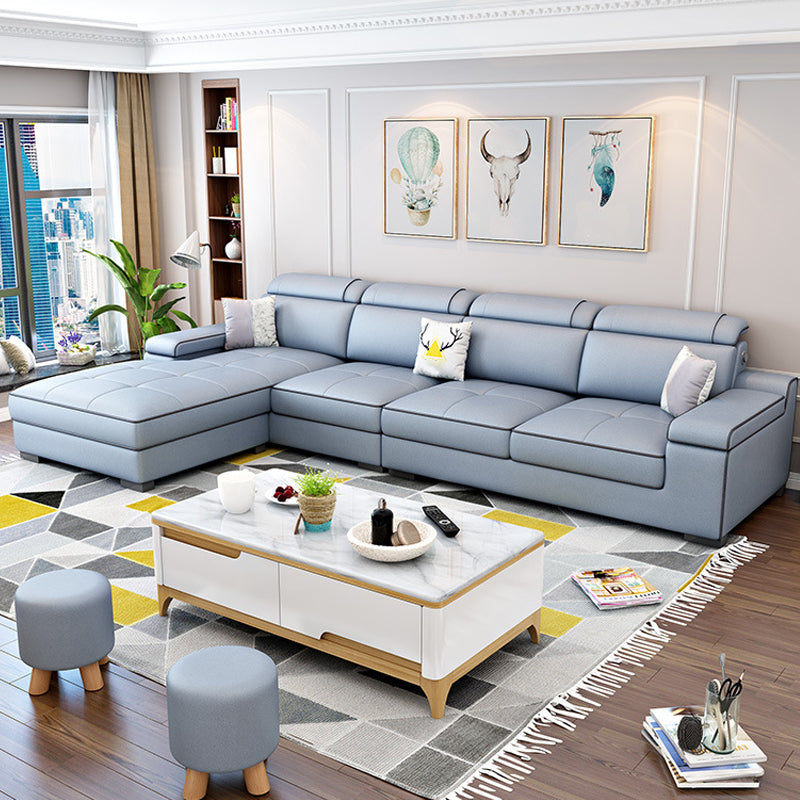 Vintage 4-seat Linen/Faux Leather Sofa Pillow Top Arm Sofa for Living Room Light Blue Clearhalo 'furn' 'furn_sectionals' 'Furniture' 'furniture_sectionals' 'Living Room Furniture' 'Sectionals' 5022633