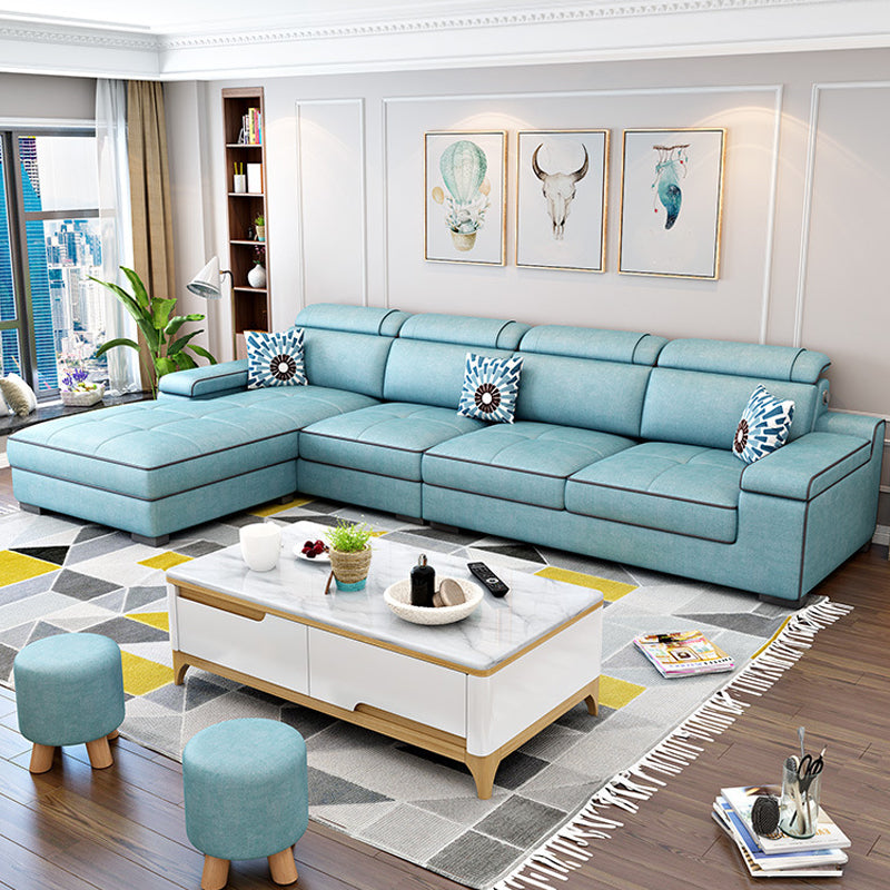 Vintage 4-seat Linen/Faux Leather Sofa Pillow Top Arm Sofa for Living Room Lake Blue Clearhalo 'furn' 'furn_sectionals' 'Furniture' 'furniture_sectionals' 'Living Room Furniture' 'Sectionals' 5022644