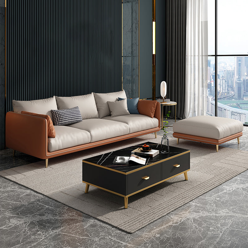 Scandinavian Faux Leather Straight Arm Sofa/Sectional with Stain-Resistant 83"L x 58"W x 33.5"H Orange White Clearhalo 'furn' 'furn_sectionals' 'Furniture' 'furniture_sectionals' 'Living Room Furniture' 'Sectionals' 5022653