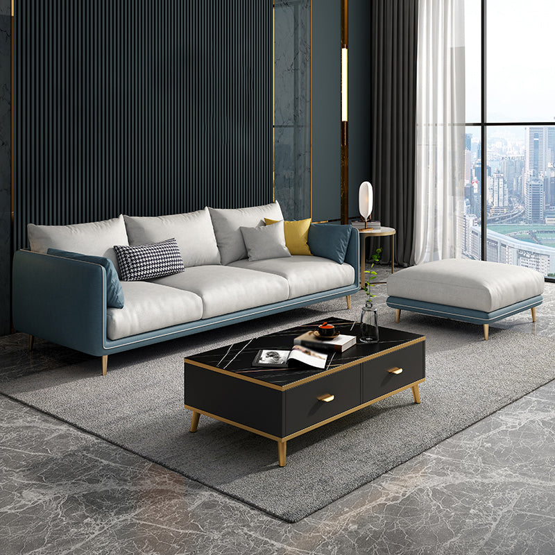 Scandinavian Faux Leather Straight Arm Sofa/Sectional with Stain-Resistant 83"L x 58"W x 33.5"H Blue-White Clearhalo 'furn' 'furn_sectionals' 'Furniture' 'furniture_sectionals' 'Living Room Furniture' 'Sectionals' 5022654