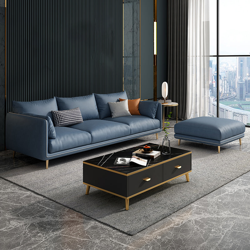 Scandinavian Faux Leather Straight Arm Sofa/Sectional with Stain-Resistant 83"L x 58"W x 33.5"H Dark Blue Clearhalo 'furn' 'furn_sectionals' 'Furniture' 'furniture_sectionals' 'Living Room Furniture' 'Sectionals' 5022656