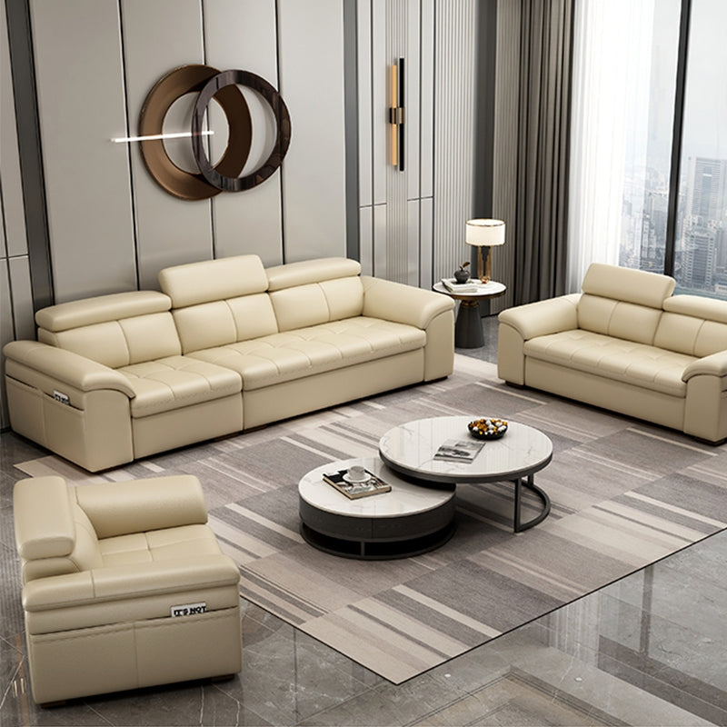 Genuine Leather Sectional Sofa 35.43"High Cushion Back Sofa with Storage,Beige Clearhalo 'furn' 'furn_sectionals' 'Furniture' 'furniture_sectionals' 'Living Room Furniture' 'Sectionals' 5022709