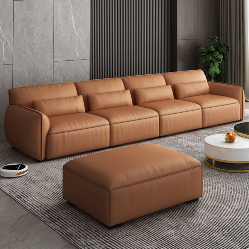 Scandinavian Tan Faux Leather Straight Arm Sofa/Sectionals with Stain-Resistant 134"L x 36"W x 29.5"H Latex With Ottoman Clearhalo 'furn' 'furn_sectionals' 'Furniture' 'furniture_sectionals' 'Living Room Furniture' 'Sectionals' 5022724