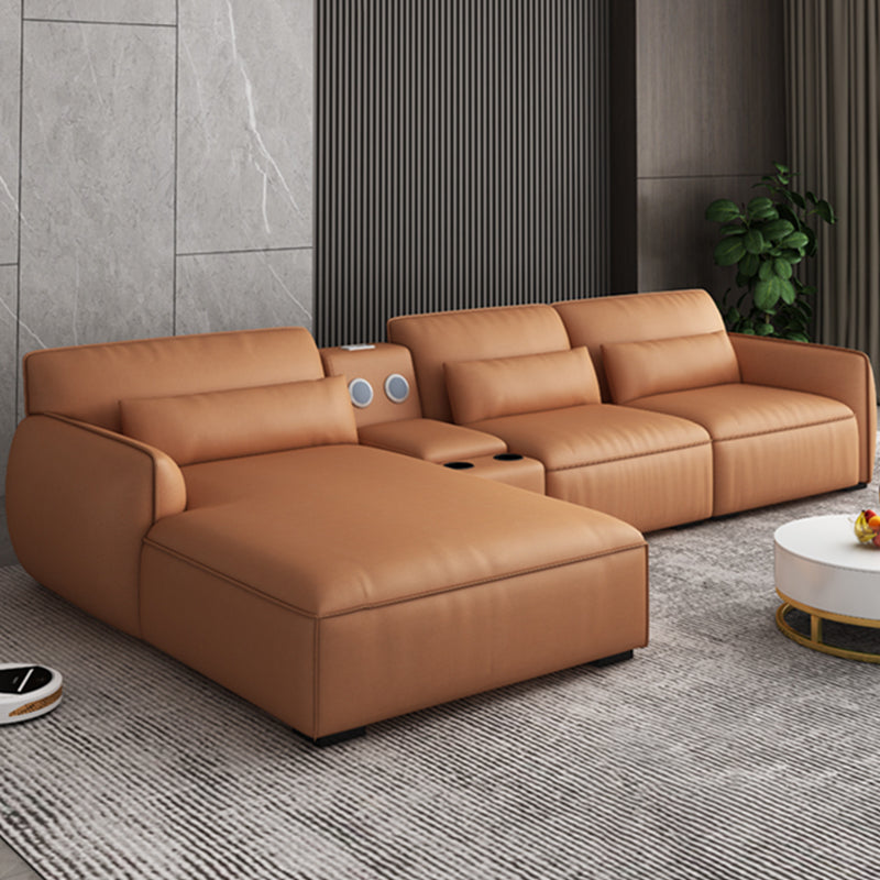 Scandinavian Tan Faux Leather Straight Arm Sofa/Sectionals with Stain-Resistant 122"L x 71"W x 29.5"H Latex Without Ottoman Clearhalo 'furn' 'furn_sectionals' 'Furniture' 'furniture_sectionals' 'Living Room Furniture' 'Sectionals' 5022726