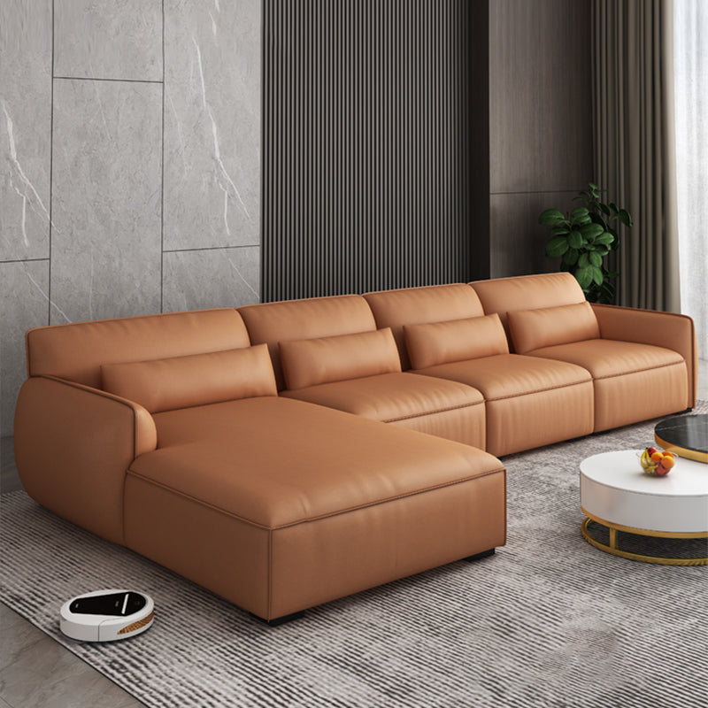 Scandinavian Tan Faux Leather Straight Arm Sofa/Sectionals with Stain-Resistant 134"L x 71"W x 29.5"H Latex Without Ottoman Clearhalo 'furn' 'furn_sectionals' 'Furniture' 'furniture_sectionals' 'Living Room Furniture' 'Sectionals' 5022728