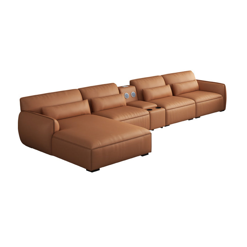 Scandinavian Tan Faux Leather Straight Arm Sofa/Sectionals with Stain-Resistant 150"L x 71"W x 29.5"H Sponge Without Ottoman Clearhalo 'furn' 'furn_sectionals' 'Furniture' 'furniture_sectionals' 'Living Room Furniture' 'Sectionals' 5022734