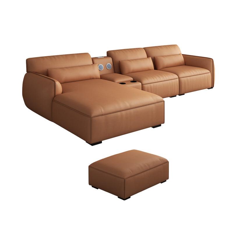 Scandinavian Tan Faux Leather Straight Arm Sofa/Sectionals with Stain-Resistant 122"L x 71"W x 29.5"H With Ottoman Clearhalo 'furn' 'furn_sectionals' 'Furniture' 'furniture_sectionals' 'Living Room Furniture' 'Sectionals' 5022740