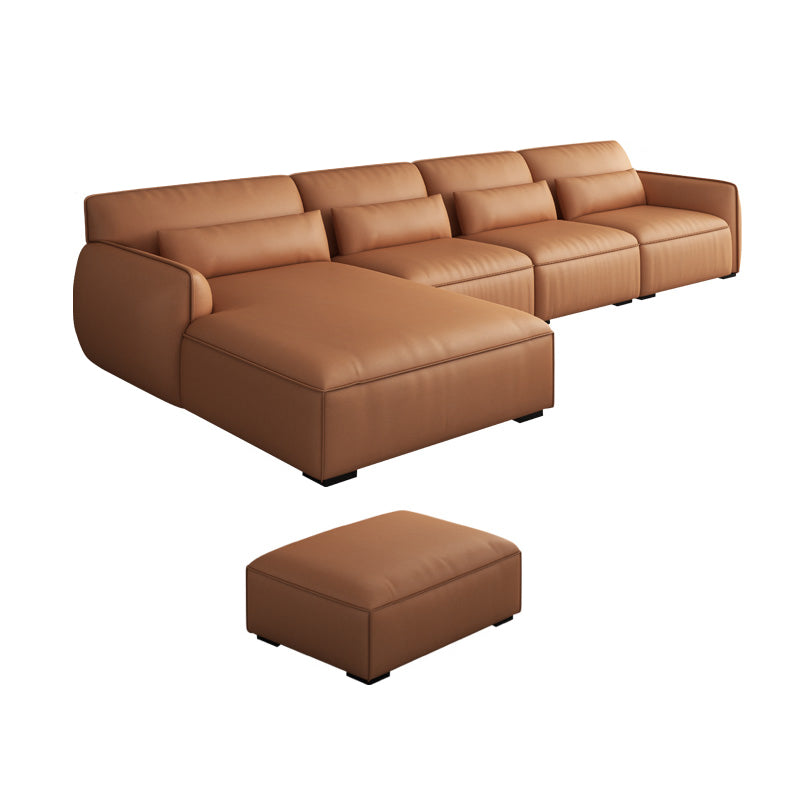 Scandinavian Tan Faux Leather Straight Arm Sofa/Sectionals with Stain-Resistant 134"L x 71"W x 29.5"H With Ottoman Clearhalo 'furn' 'furn_sectionals' 'Furniture' 'furniture_sectionals' 'Living Room Furniture' 'Sectionals' 5022741