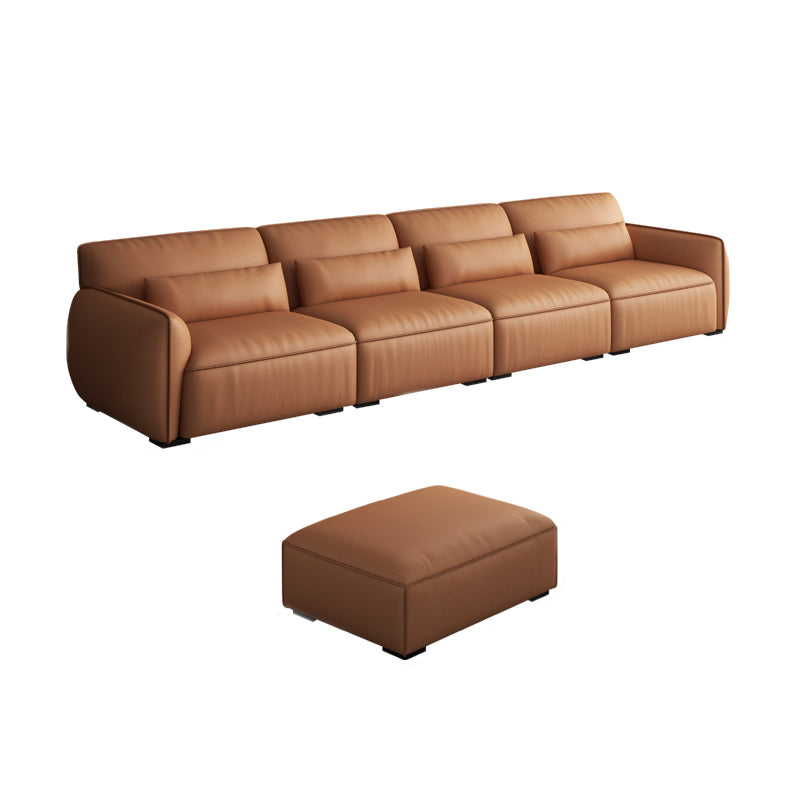 Scandinavian Tan Faux Leather Straight Arm Sofa/Sectionals with Stain-Resistant 134"L x 36"W x 29.5"H Sponge With Ottoman Clearhalo 'furn' 'furn_sectionals' 'Furniture' 'furniture_sectionals' 'Living Room Furniture' 'Sectionals' 5022742