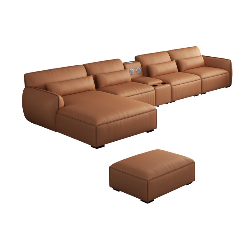 Scandinavian Tan Faux Leather Straight Arm Sofa/Sectionals with Stain-Resistant 150"L x 71"W x 29.5"H With Ottoman Clearhalo 'furn' 'furn_sectionals' 'Furniture' 'furniture_sectionals' 'Living Room Furniture' 'Sectionals' 5022743