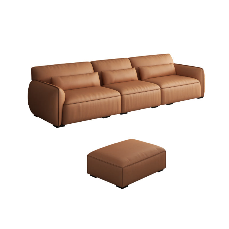 Scandinavian Tan Faux Leather Straight Arm Sofa/Sectionals with Stain-Resistant 106"L x 36"W x 29.5"H Sponge With Ottoman Clearhalo 'furn' 'furn_sectionals' 'Furniture' 'furniture_sectionals' 'Living Room Furniture' 'Sectionals' 5022746