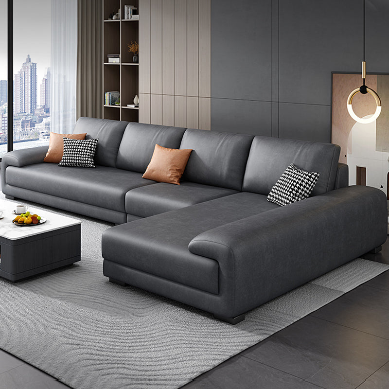 133.9"W √ó 70.87"D √ó35.43"H Faux Leather Pillow Top Arm Sectional with Stain-Resistant Dark Gray Clearhalo 'furn' 'furn_sectionals' 'Furniture' 'furniture_sectionals' 'Living Room Furniture' 'Sectionals' 5022765