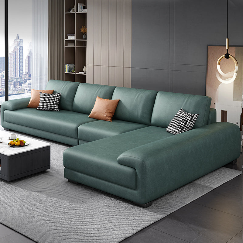 133.9"W √ó 70.87"D √ó35.43"H Faux Leather Pillow Top Arm Sectional with Stain-Resistant Green Clearhalo 'furn' 'furn_sectionals' 'Furniture' 'furniture_sectionals' 'Living Room Furniture' 'Sectionals' 5022767