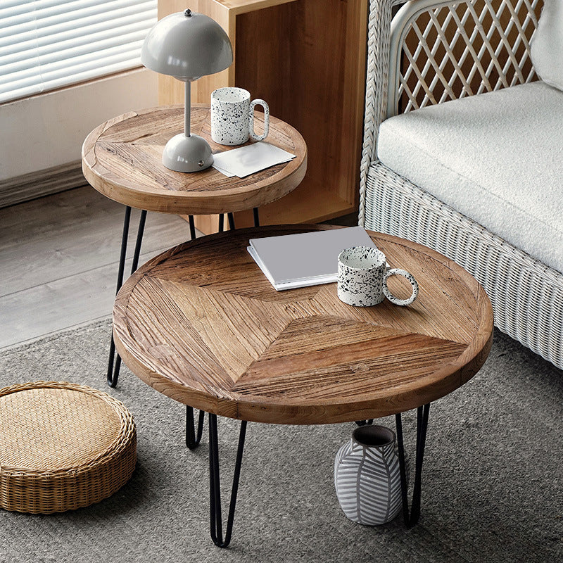 Mid-century Modern Cocktail Table Brown Elm Wood Top Metal Base Round/square Coffee Table 27.5"L x 27.5"W x 16"H + 16"L x 16"W x 20.5"H Round Clearhalo 'Coffee & Accent Tables' 'Coffee Tables' 'coffee_tables' 'furn' 'furn_coffee_tables' 'Furniture' 'furniture_coffee_tables' 'Living Room Furniture' 5022996