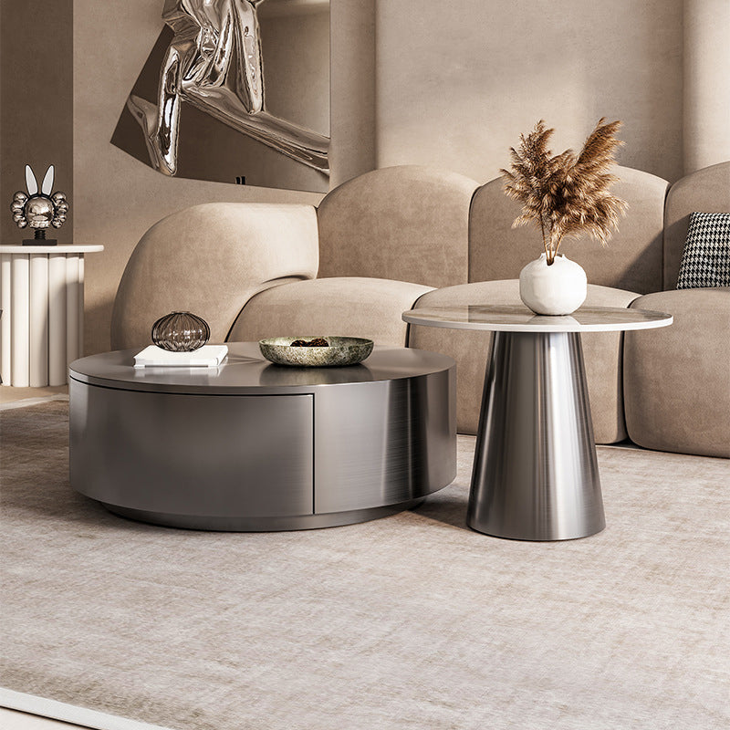 Mid-century Modern Cocktail Table Grey/gold Metal Round Coffee Table 31.5"L x 31.5"W x 16"H + 20"L x 20"W x 23.5"H Grey Clearhalo 'Coffee & Accent Tables' 'Coffee Tables' 'coffee_tables' 'furn' 'furn_coffee_tables' 'Furniture' 'furniture_coffee_tables' 'Living Room Furniture' 5023011