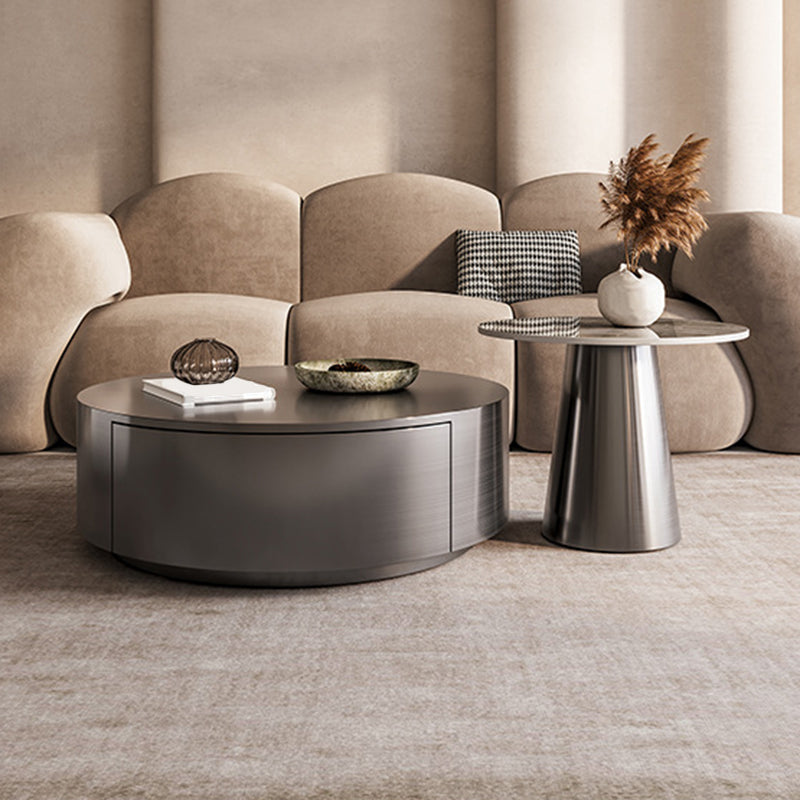 Mid-century Modern Cocktail Table Grey/gold Metal Round Coffee Table 39.5"L x 39.5"W x 16"H + 23.5"L x 23.5"W x 23.5"H Grey Clearhalo 'Coffee & Accent Tables' 'Coffee Tables' 'coffee_tables' 'furn' 'furn_coffee_tables' 'Furniture' 'furniture_coffee_tables' 'Living Room Furniture' 5023020