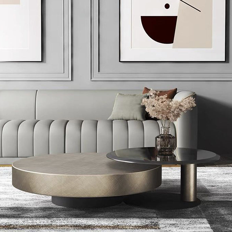 Block Base Design Cocktail Table Gold Metal Top Black Base Round Coffee Table 31.5"L x 31.5"W x 12.5"H + 21.5"L x 21.5"W x 16"H Clearhalo 'Coffee & Accent Tables' 'Coffee Tables' 'coffee_tables' 'furn' 'furn_coffee_tables' 'Furniture' 'furniture_coffee_tables' 'Living Room Furniture' 5023031