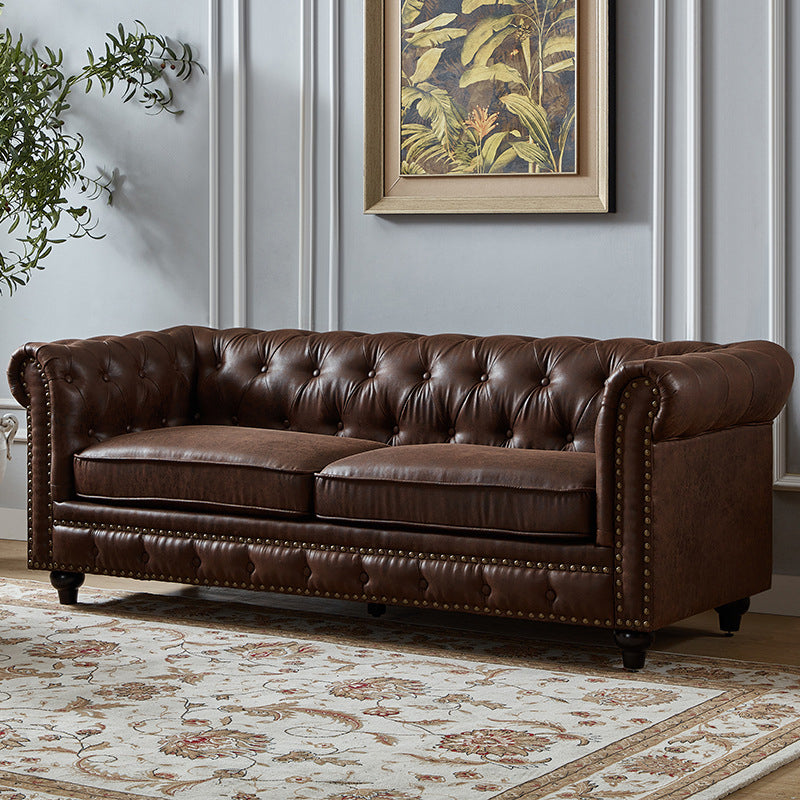 28.3" Mid Century Modern Faux Leather Rolled Arm Chesterfield Back Sofa with Nailhead 79.5"L x 31.5"W x 28"H Coffee Clearhalo 'furn' 'furn_sofas' 'Furniture' 'furniture_sofas' 'Living Room Furniture' 'Sofa' 'sofas' 5027821