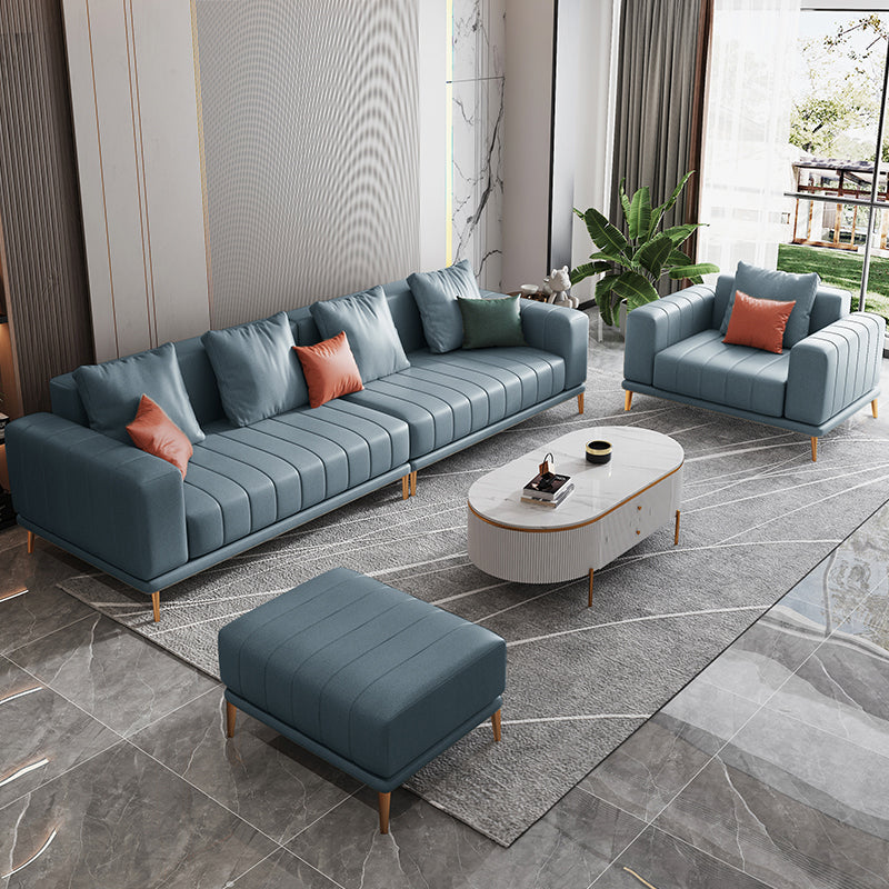 Blue Faux Leather Square Arm Contemporary Sofa with Stain Resistant and Slipcovered Clearhalo 'furn' 'furn_sofas' 'Furniture' 'furniture_sofas' 'Living Room Furniture' 'Sofa' 'sofas' 5027897