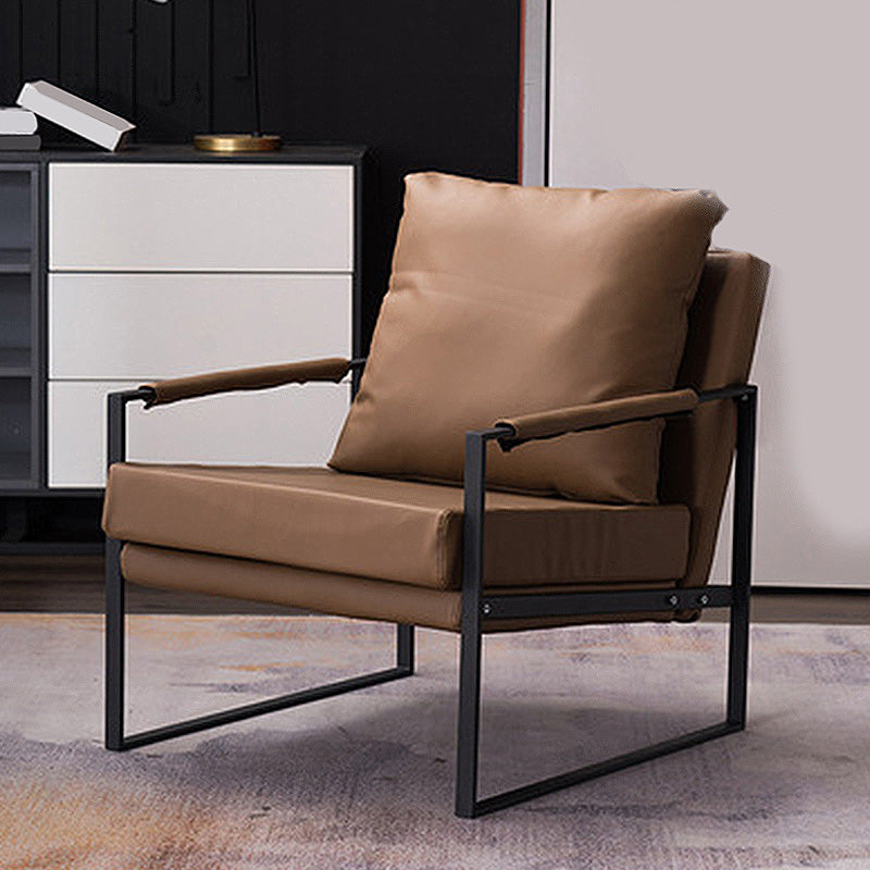 Square Arms 27" Wide Sled Based Faux Leather Arm Chair with Pillow Back Brown Clearhalo 'Accent Chairs' 'accent_chairs' 'Chairs & Seating' 'furn' 'furn_accent_chairs' 'Furniture' 'furniture_accent_chairs' 'Living Room Furniture' 5028045