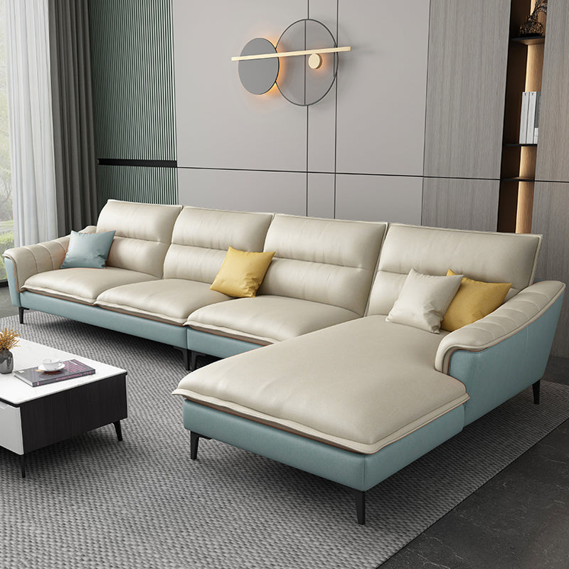 Faux Leather High Back Pillow Top Arm Sectional with Waterproof and Stain-Resistant Blue-Yellow Clearhalo 'furn' 'furn_sectionals' 'Furniture' 'furniture_sectionals' 'Living Room Furniture' 'Sectionals' 5028170