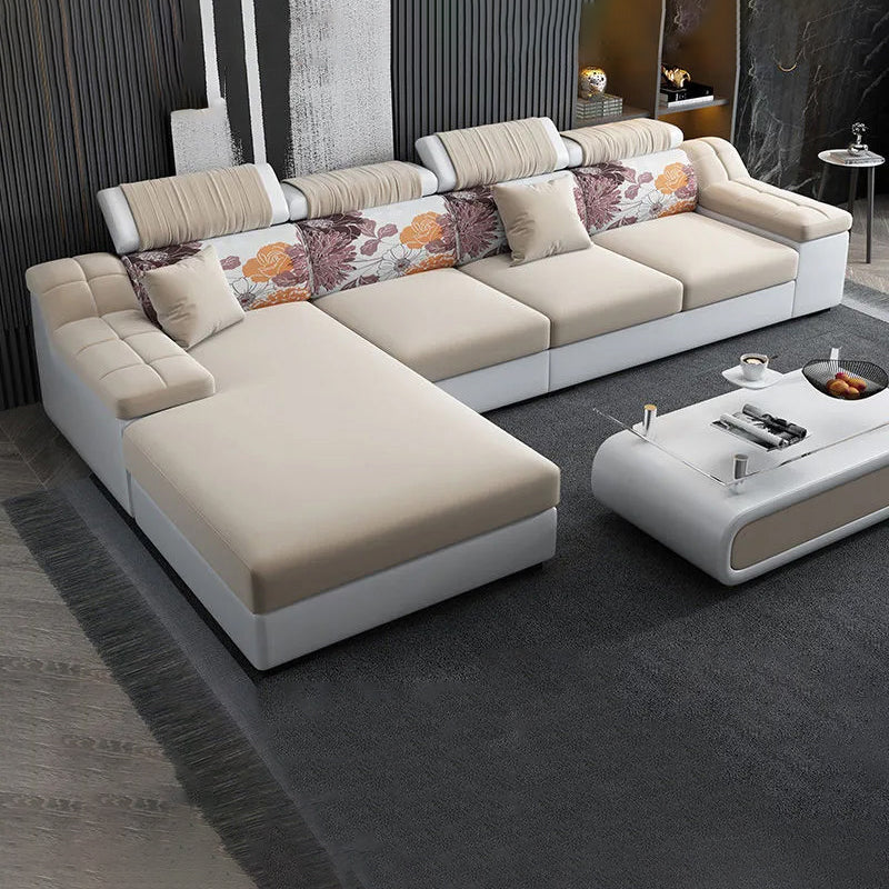 Linen and Faux Leather Modular L-Shape Modern Furniture Sectionals Clearhalo 'furn' 'furn_sectionals' 'Furniture' 'furniture_sectionals' 'Living Room Furniture' 'Sectionals' 5028180