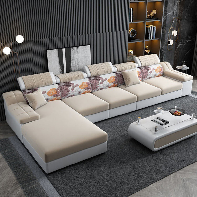 Linen and Faux Leather Modular L-Shape Modern Furniture Sectionals Clearhalo 'furn' 'furn_sectionals' 'Furniture' 'furniture_sectionals' 'Living Room Furniture' 'Sectionals' 5028182