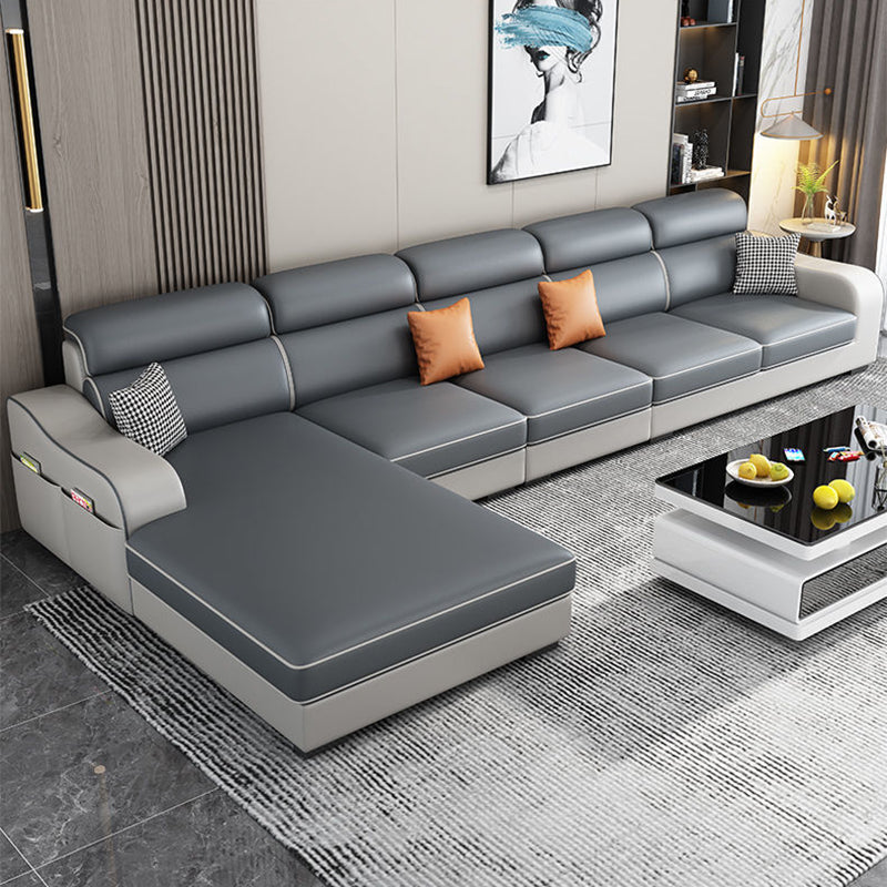 L-Shape Modular Reversible Faux Leather/Linen Furniture Sectionals Clearhalo 'furn' 'furn_sectionals' 'Furniture' 'furniture_sectionals' 'Living Room Furniture' 'Sectionals' 5028194