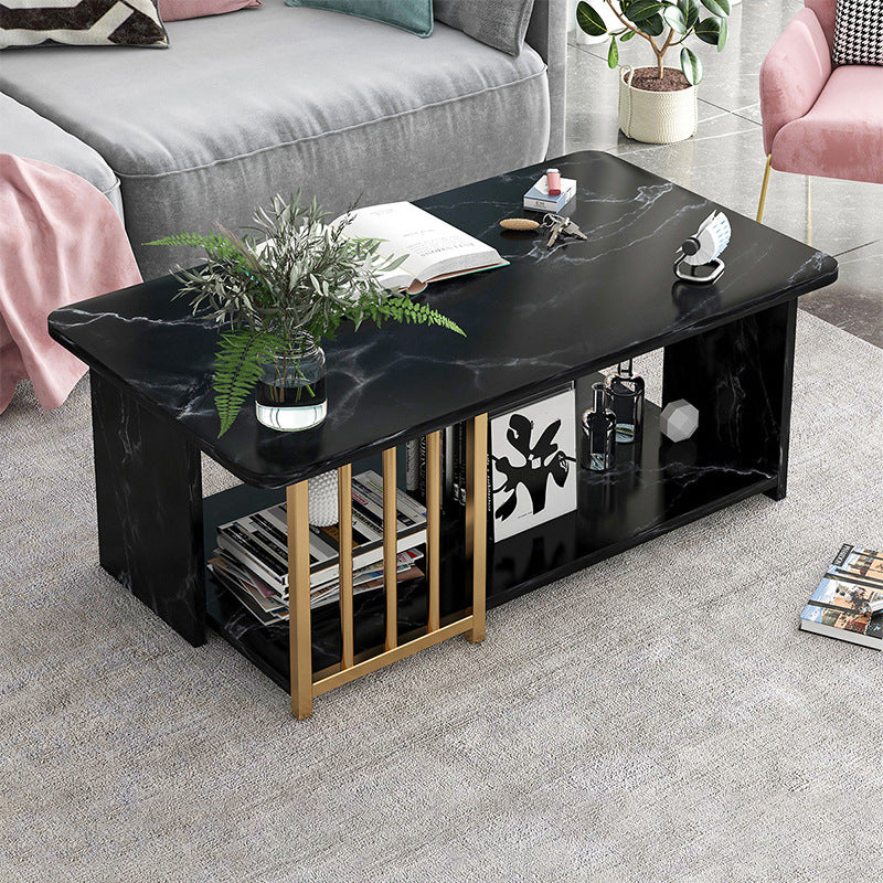 Modern Metal Marble Coffee Table Rectangle Cocktail Table with Shelf 39"L x 20"W x 17"H Four Leg Black Clearhalo 'Coffee & Accent Tables' 'Coffee Tables' 'coffee_tables' 'furn' 'furn_coffee_tables' 'Furniture' 'furniture_coffee_tables' 'Living Room Furniture' 5028347