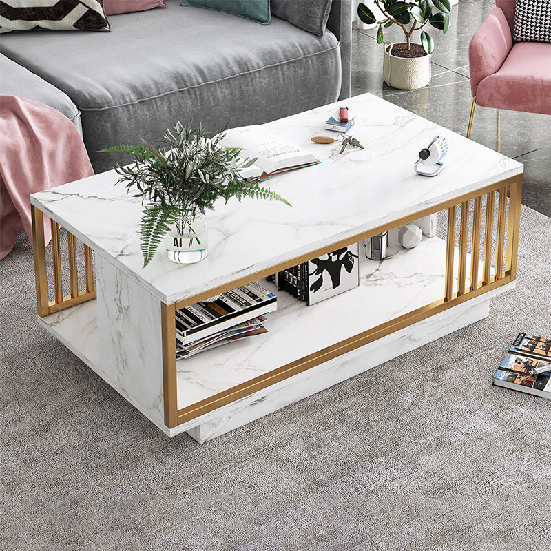 Modern Metal Marble Coffee Table Rectangle Cocktail Table with Shelf 39"L x 20"W x 17"H Block White Clearhalo 'Coffee & Accent Tables' 'Coffee Tables' 'coffee_tables' 'furn' 'furn_coffee_tables' 'Furniture' 'furniture_coffee_tables' 'Living Room Furniture' 5028355