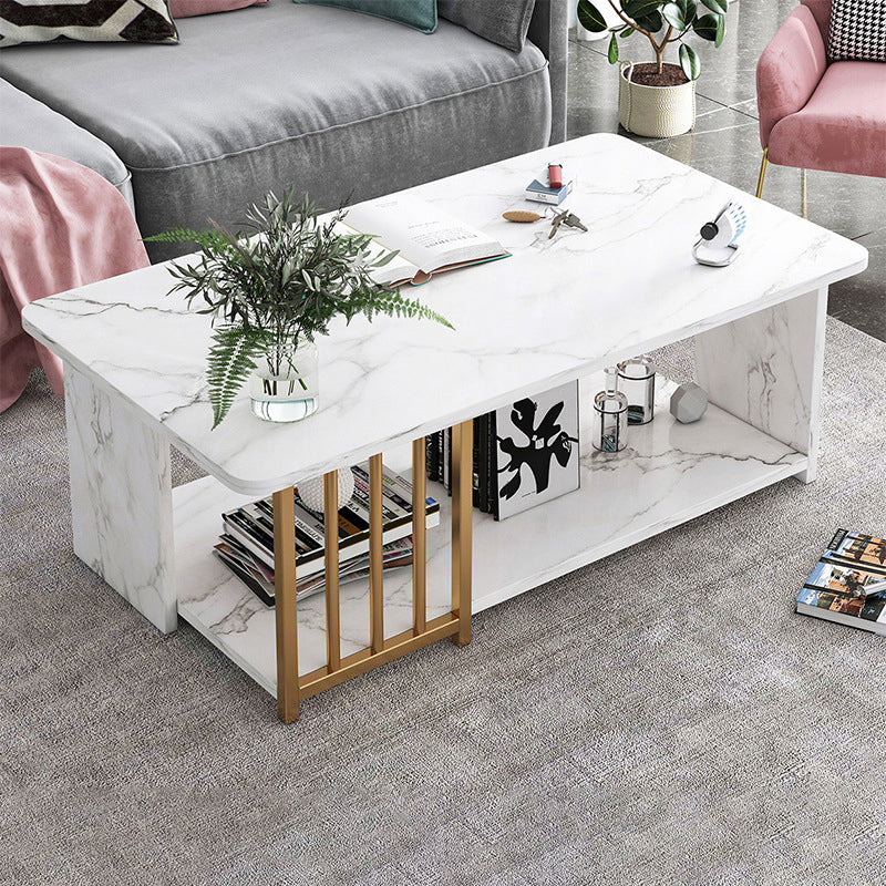 Modern Metal Marble Coffee Table Rectangle Cocktail Table with Shelf 47"L x 24"W x 16.5"H Four Leg White Clearhalo 'Coffee & Accent Tables' 'Coffee Tables' 'coffee_tables' 'furn' 'furn_coffee_tables' 'Furniture' 'furniture_coffee_tables' 'Living Room Furniture' 5028363