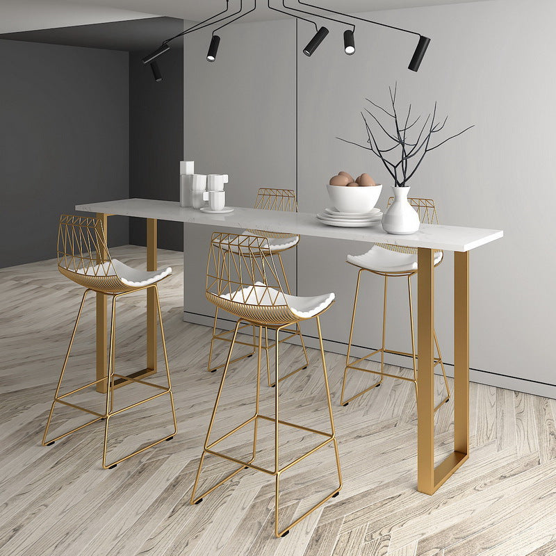 Stone Bar Table Traditional Luxury Rectangle Bar Table with Sled Base in Gold 78.7"L x 15.7"W x 41.3"H White Without Chairs Clearhalo 'Bar Furniture' 'Bar Tables' 'bar_tables' 'furn' 'furn_bar_tables' 'Furniture' 'furniture_bar_tables' 'Kitchen & Dining Furniture' 5031109