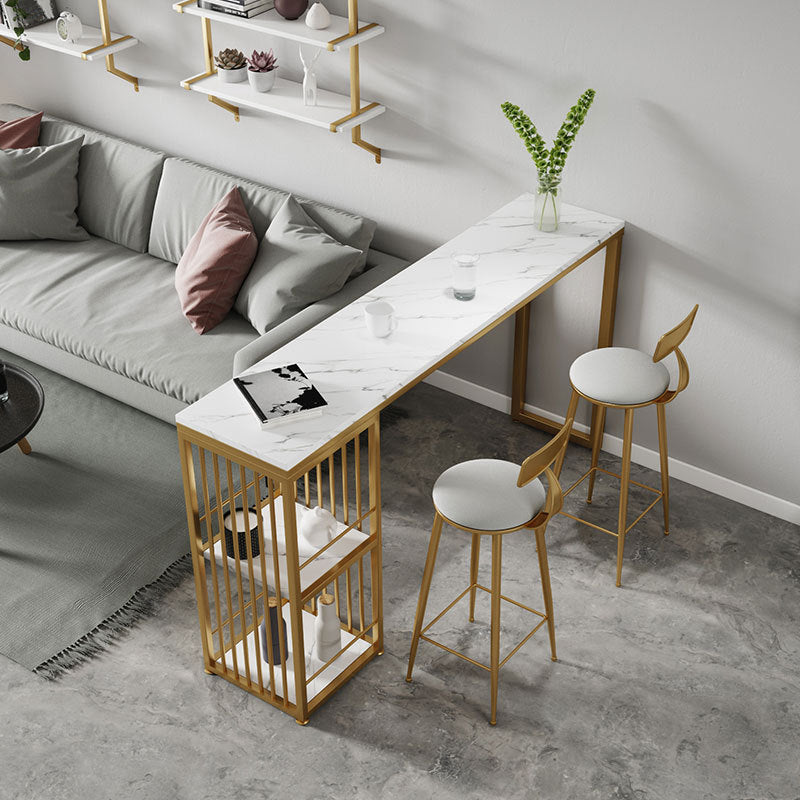 Glam Style Bar Table 42-inch Height Artificial Marble Top Bar Table 63"L x 15.7"W x 41.3"H White-Gold Without Chairs Clearhalo 'Bar Furniture' 'Bar Tables' 'bar_tables' 'furn' 'furn_bar_tables' 'Furniture' 'furniture_bar_tables' 'Kitchen & Dining Furniture' 5031342