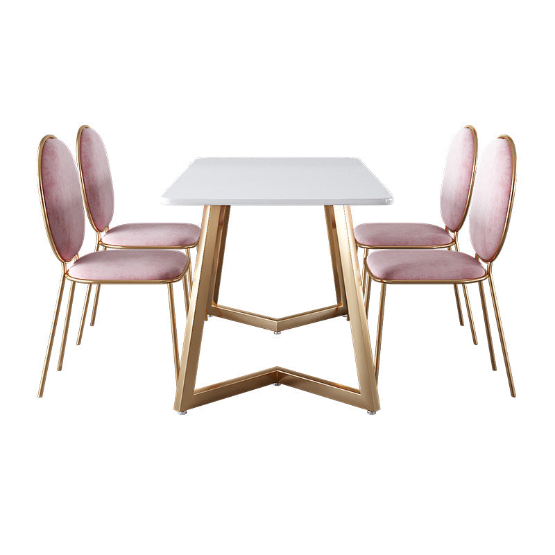 Glam Iron Dinette Set 1/2/5 Pieces Rectangle Sintered Stone Top Dining Table Set 5 Pieces: White Table, 4 Pink Chairs Clearhalo 'Dining Room Sets' 'Dining Tables & Seating' 'dining_room_set' 'furn' 'furn_dining_room_set' 'Furniture' 'furniture_dining_room_set' 'Kitchen & Dining Furniture' 5032579