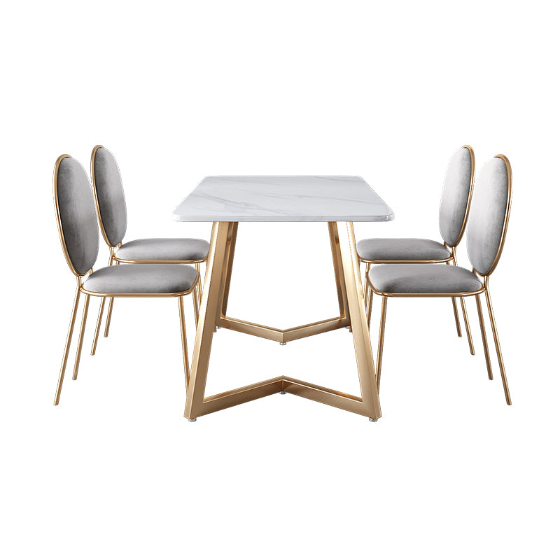 Glam Iron Dinette Set 1/2/5 Pieces Rectangle Sintered Stone Top Dining Table Set 5 Pieces: Table, 4 Grey Chairs Clearhalo 'Dining Room Sets' 'Dining Tables & Seating' 'dining_room_set' 'furn' 'furn_dining_room_set' 'Furniture' 'furniture_dining_room_set' 'Kitchen & Dining Furniture' 5032581
