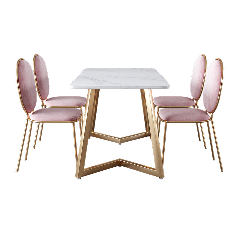 Glam Iron Dinette Set 1/2/5 Pieces Rectangle Sintered Stone Top Dining Table Set 5 Pieces: Table, 4 Pink Chairs Clearhalo 'Dining Room Sets' 'Dining Tables & Seating' 'dining_room_set' 'furn' 'furn_dining_room_set' 'Furniture' 'furniture_dining_room_set' 'Kitchen & Dining Furniture' 5032582