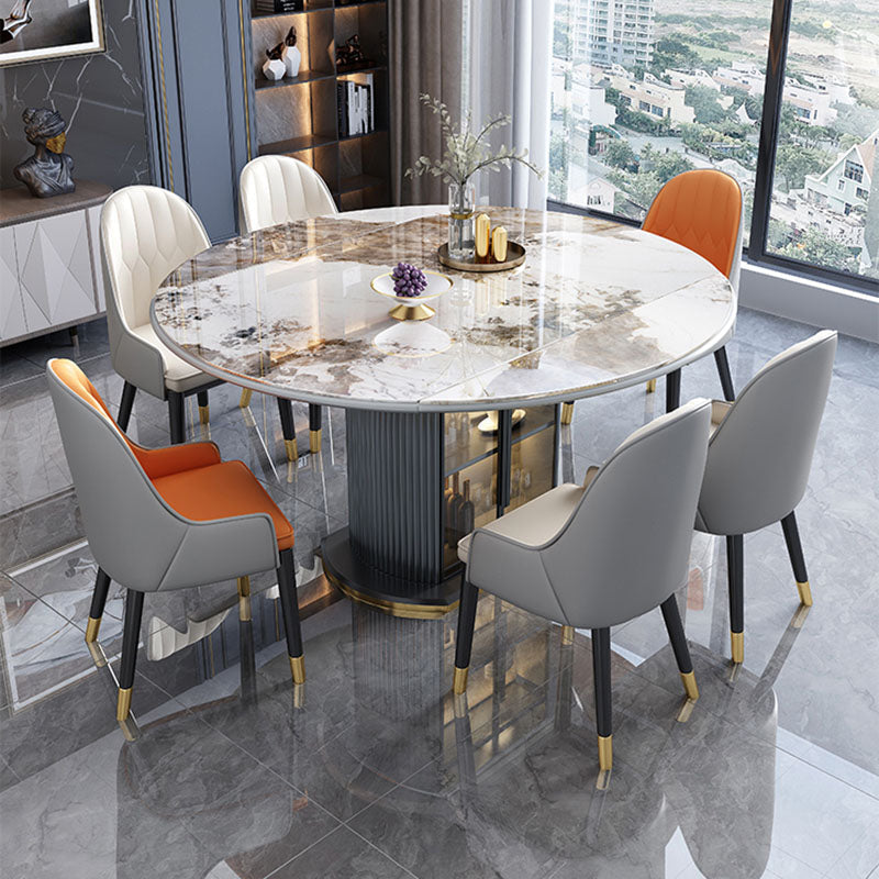 Glam Home Extendable Dining Table Sintered Stone Pedestal Table with Drawers Pandora Gold Without Chairs Clearhalo 'Dining Tables & Seating' 'Dining Tables' 'dining_table' 'furn' 'furn_dining_table' 'Furniture' 'furniture_dining_table' 'Kitchen & Dining Furniture' 'kitchen' 'kitchen_dining_table' 5032671