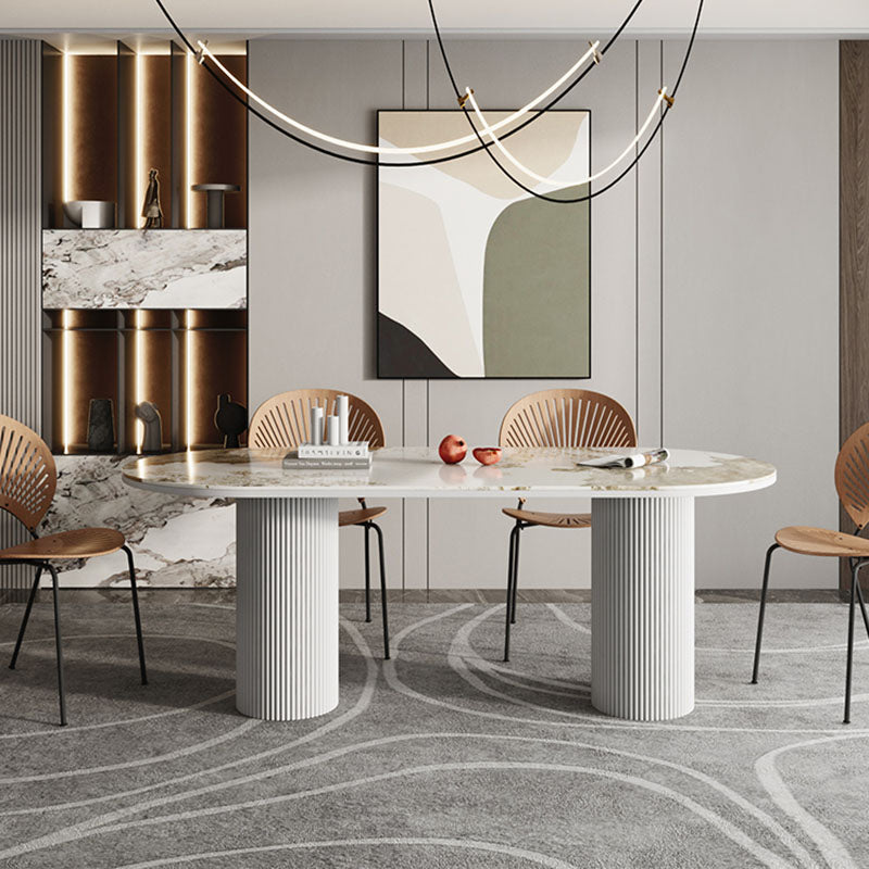Oval Modern Dining Table Stone Top Metal Double Pedestal Dining Room Table White 70.9"L x 35.4"W x 29.5"H Without Chairs Clearhalo 'Dining Tables & Seating' 'Dining Tables' 'dining_table' 'furn' 'furn_dining_table' 'Furniture' 'furniture_dining_table' 'Kitchen & Dining Furniture' 'kitchen' 'kitchen_dining_table' 5032705