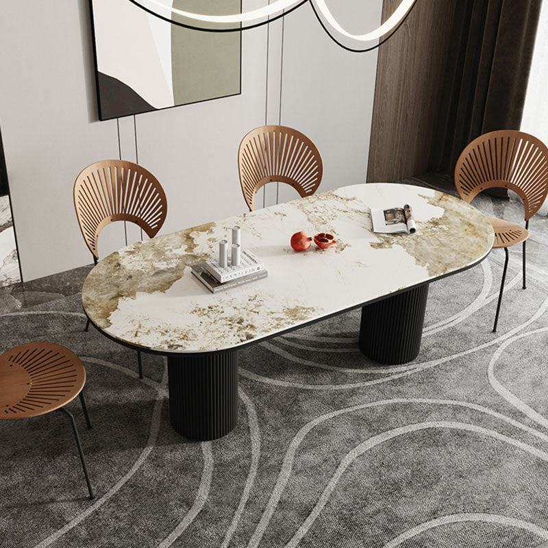 Oval Modern Dining Table Stone Top Metal Double Pedestal Dining Room Table Black 63"L x 33.5"W x 29.5"H Without Chairs Clearhalo 'Dining Tables & Seating' 'Dining Tables' 'dining_table' 'furn' 'furn_dining_table' 'Furniture' 'furniture_dining_table' 'Kitchen & Dining Furniture' 'kitchen' 'kitchen_dining_table' 5032706