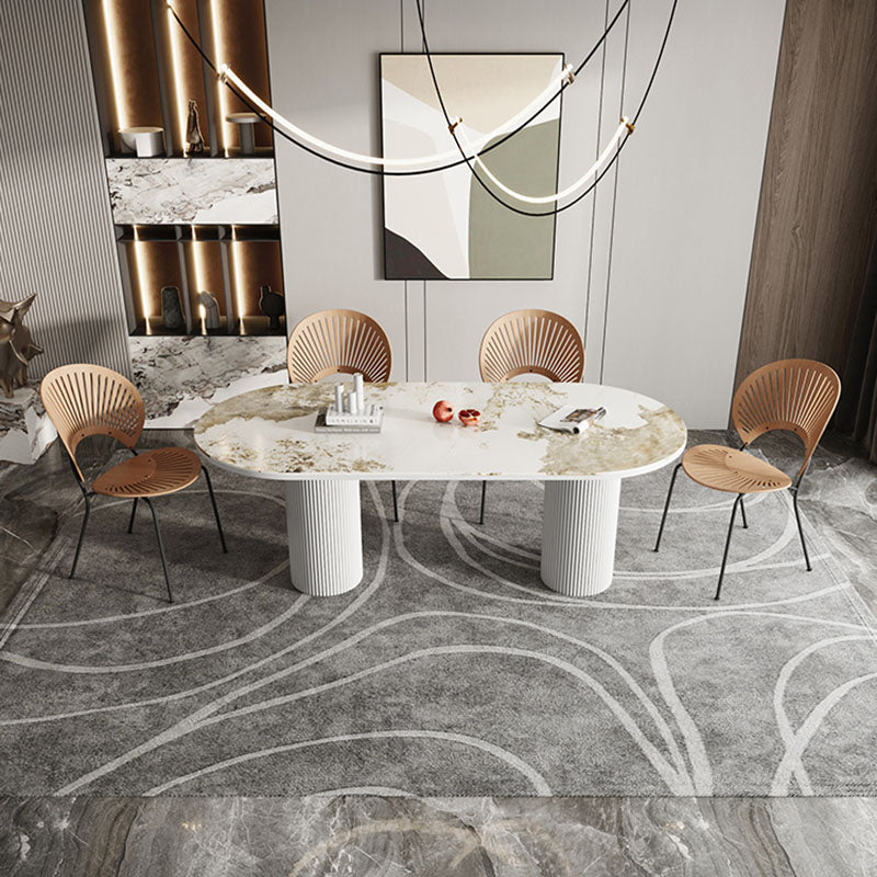 Oval Modern Dining Table Stone Top Metal Double Pedestal Dining Room Table White 63"L x 33.5"W x 29.5"H Without Chairs Clearhalo 'Dining Tables & Seating' 'Dining Tables' 'dining_table' 'furn' 'furn_dining_table' 'Furniture' 'furniture_dining_table' 'Kitchen & Dining Furniture' 'kitchen' 'kitchen_dining_table' 5032707