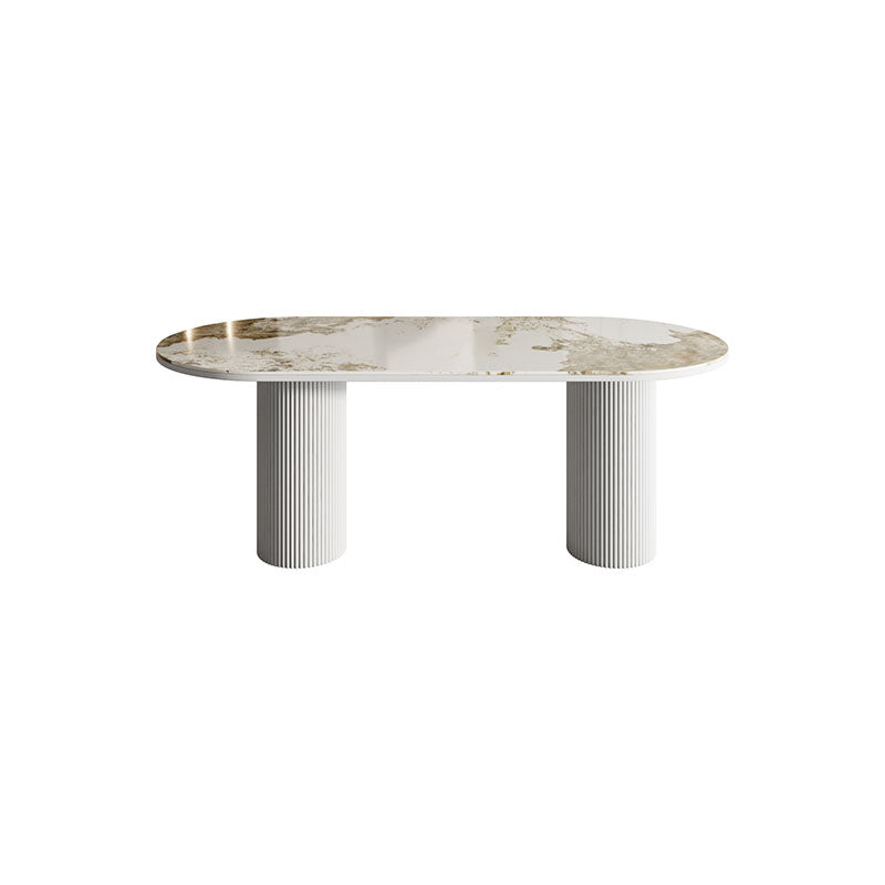 Oval Modern Dining Table Stone Top Metal Double Pedestal Dining Room Table White Without Chairs Clearhalo 'Dining Tables & Seating' 'Dining Tables' 'dining_table' 'furn' 'furn_dining_table' 'Furniture' 'furniture_dining_table' 'Kitchen & Dining Furniture' 'kitchen' 'kitchen_dining_table' 5032708